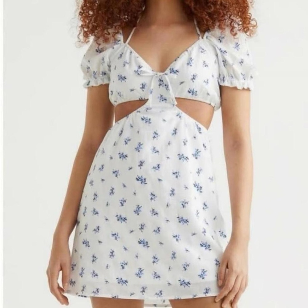 H&M Floral White Dress with Blue Accents